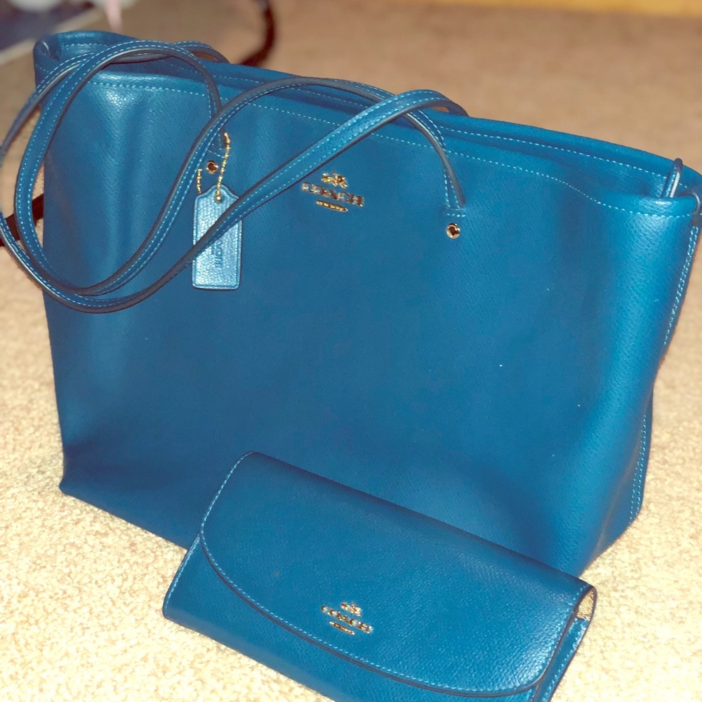 Blue Coach tote bag with matching wallet